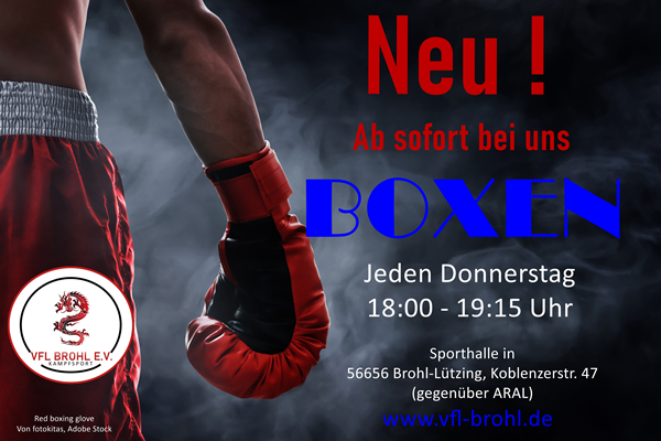 Flyer des VfL Brohl für den Boxen-Kurs mit einem Boxhandschuh und Informationen zum Kursstart